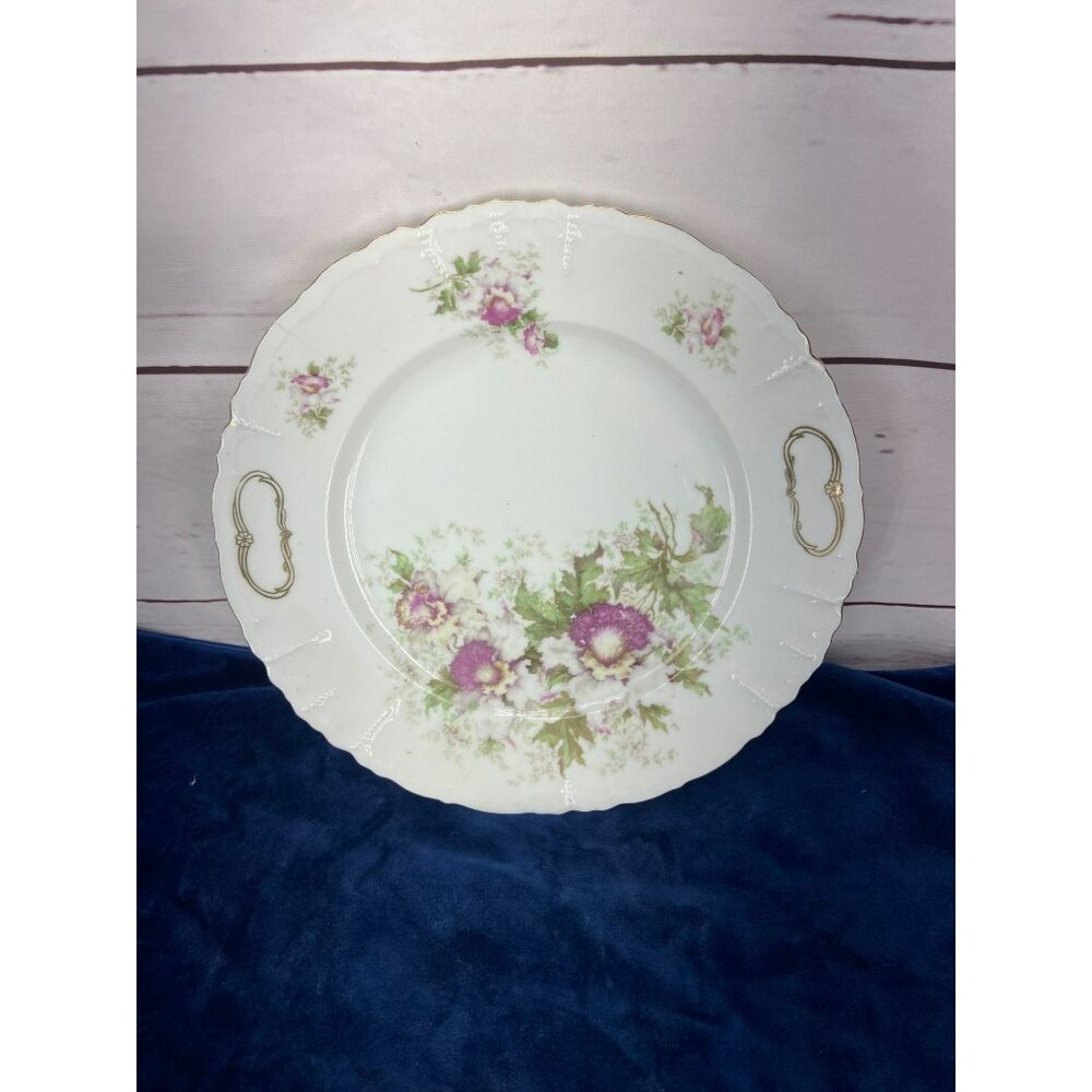 Vintage PURPLE FlOWER Platter/Serving Dish Handles and Gold Trim Dish